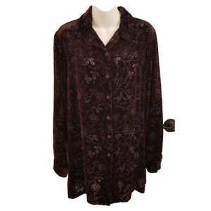 Vintage Velvet Blouse Burnout Tunic Top Brown Size 10 Silk Floral Long Sleeve